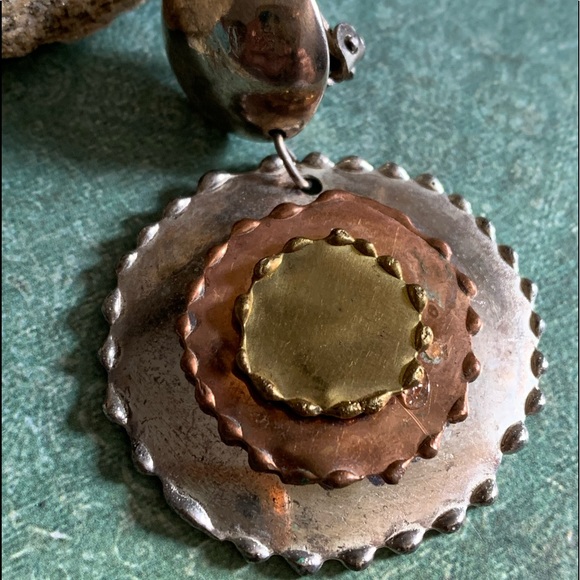 Vintage Estate Three Tone Metal Clip On Dangle Earrings Jewelry Silver Copper - Picture 4 of 6